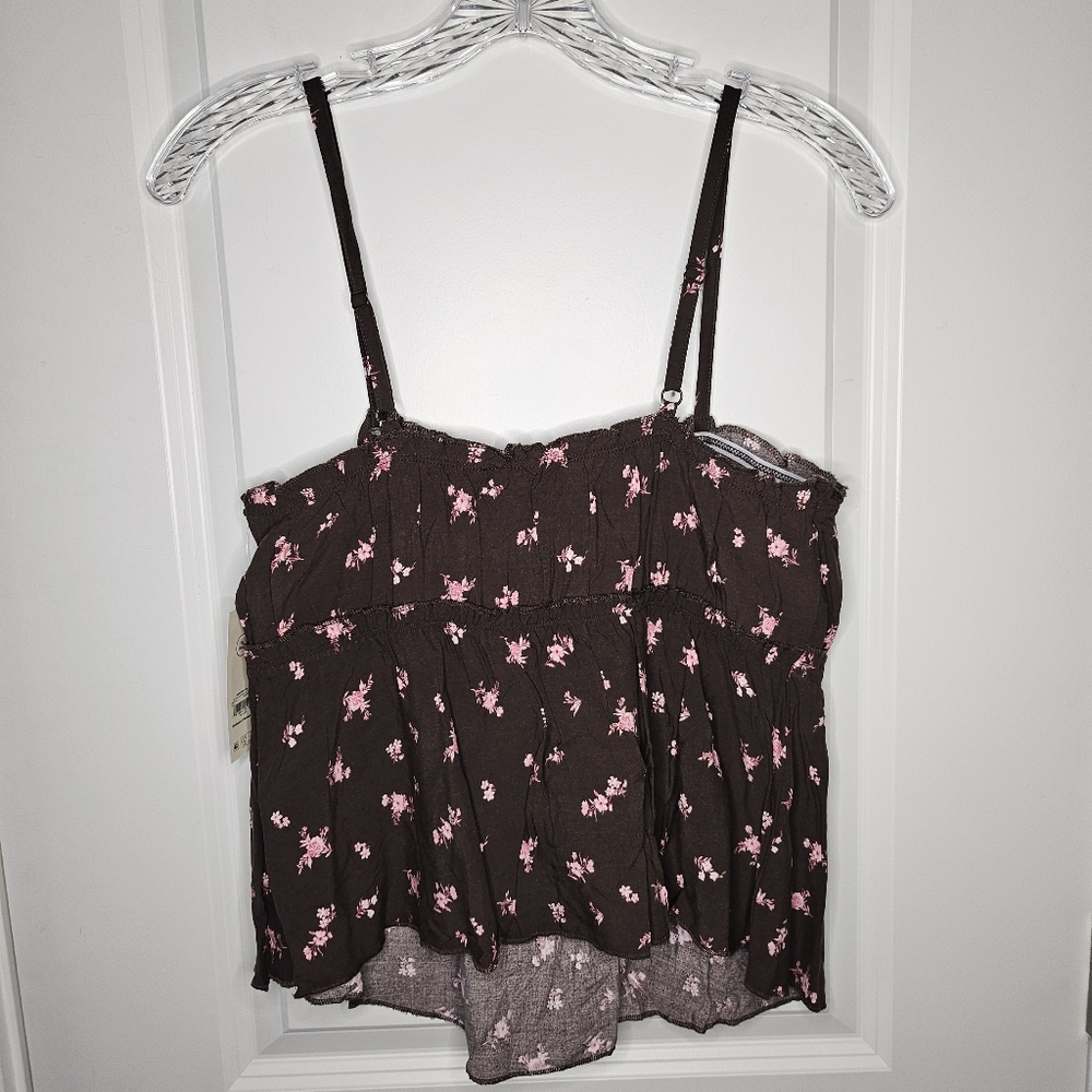 Womens Y2K Cami Top Size M Brown Floral Peplum Adjustable Straps Cottagecore - Picture 4 of 9